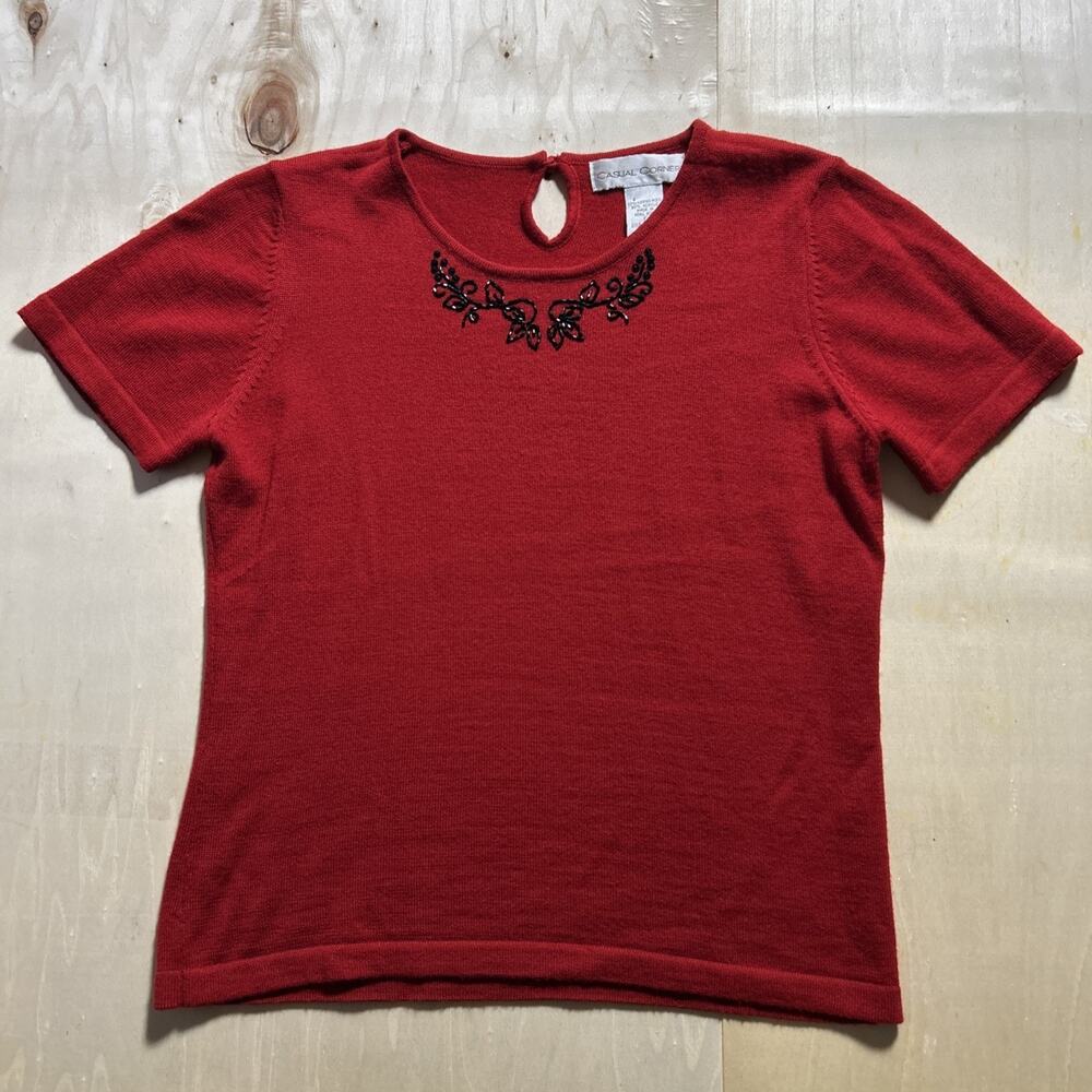 VTG Casual Corner Beaded Sweater Top Women's Sz Large Red Merino Wool Blend Y2K